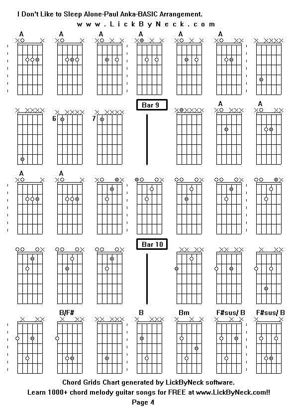 Chord Grids Chart of chord melody fingerstyle guitar song-I Don't Like to Sleep Alone-Paul Anka-BASIC Arrangement,generated by LickByNeck software.